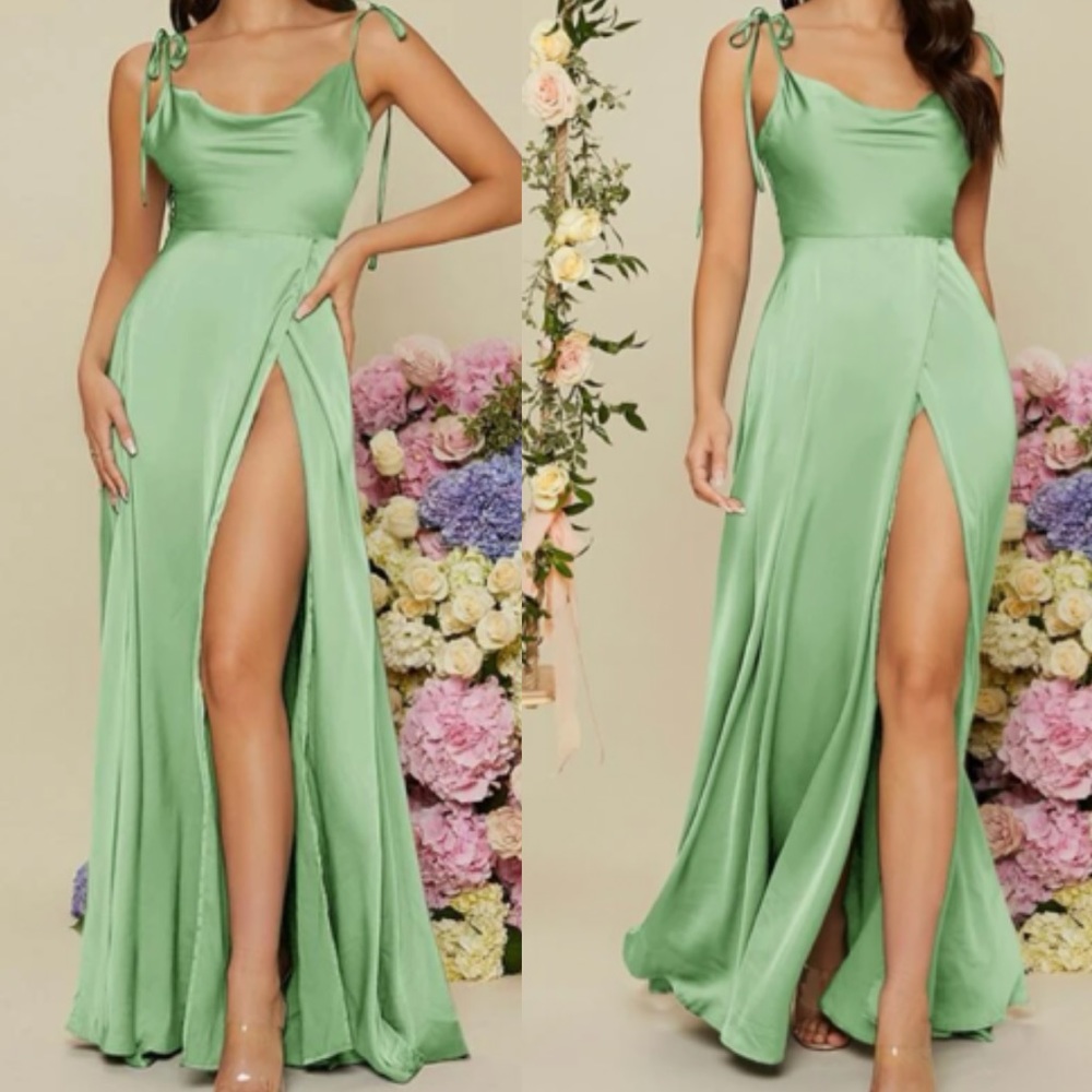 Luxurious tie shoulder wrap satin formal prom wedding evening party maxi dress - Picture 1 of 10
